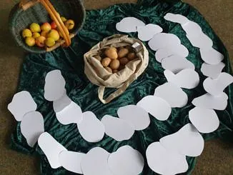 Alt-Text: Ein grünes Samttuch auf dem Boden mit Körben voller Äpfel und Kartoffeln, umgeben von weißen Papier-Fußspuren.