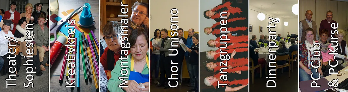 Eine Collage verschiedener Gemeindegruppen, darunter Theater, Kreativkreis, Montagsmaler, Chor Unisono, Tanzgruppen, Dinnerparty und PC-Club.