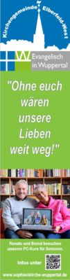 Ein Info-Banner der Kirchengemeinde Elberfeld-West zu PC-Kursen für Senioren mit einem Foto eines älteren Paares, das ein Laptop mit einem Familienfoto hält.