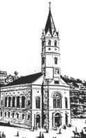 Eine historische Schwarz-Weiß-Strichzeichnung der Sophienkirche in Wuppertal mit ihrem markanten Kirchturm und neugotischer Architektur.