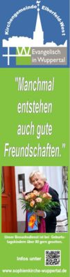 Ein Info-Banner der Kirchengemeinde Elberfeld-West über den Besuchsdienst für Senioren mit dem Foto einer Frau, die einen Blumenstrauß hält.