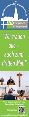 Ein Kultur-Banner der Kirchengemeinde Elberfeld-West mit dem Titel „Am Anfang war der Ton“ und dem Foto eines Jazz-Trios, das in der Kirche spielt.