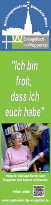 Ein Info-Banner der Kirchengemeinde Elberfeld-West mit dem Zitat: „Ich bin froh, dass ich euch habe“. Es zeigt zwei Frauen, die gemeinsam in einem Buch lesen.