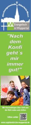 Ein Info-Banner der Kirchengemeinde Elberfeld-West zur Konfirmandenarbeit mit einem Foto von drei lächelnden Jugendlichen in entspannter Runde.